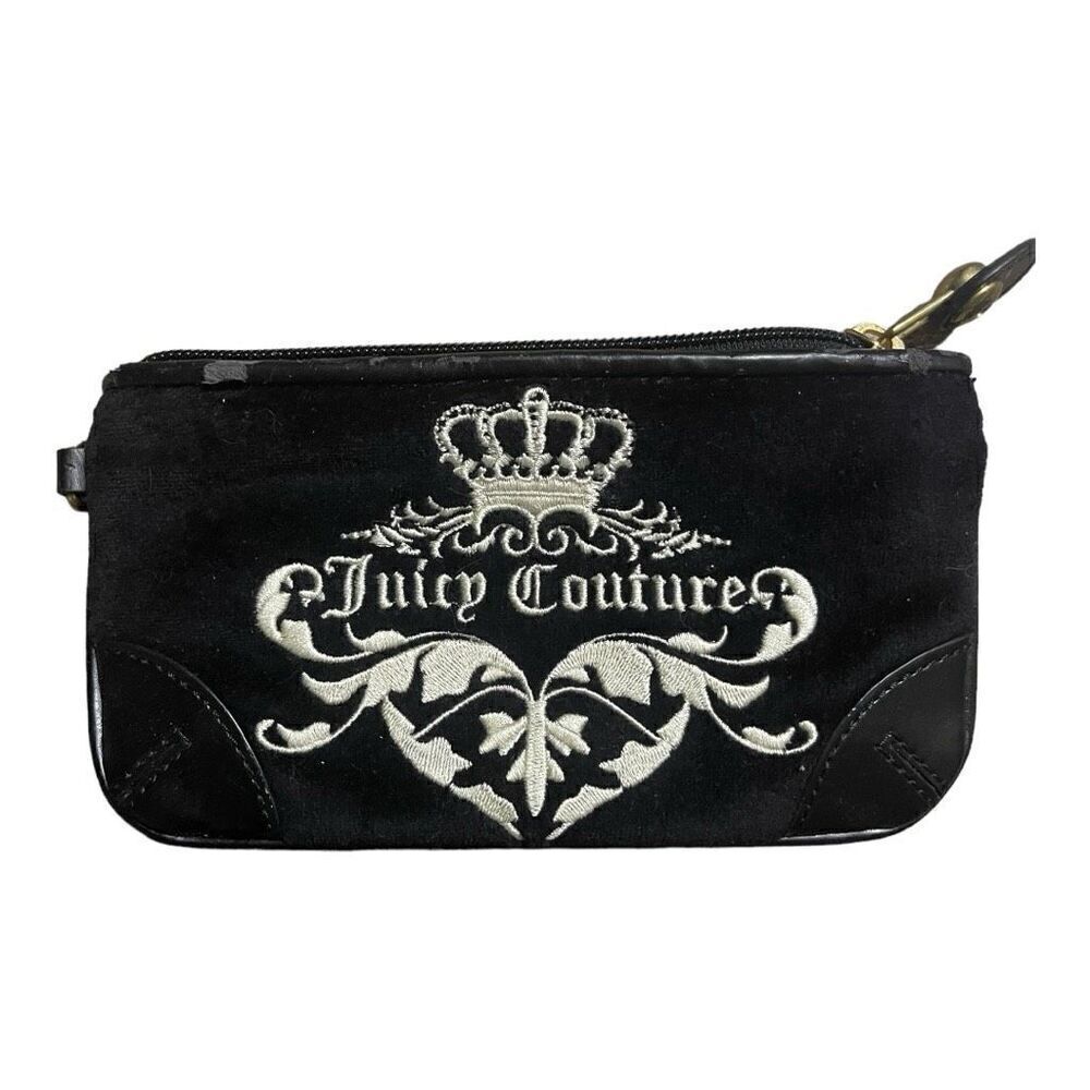 Vintage Retro Y2K Juicy Couture Black Embroidered Wristlet Faux Suede RARE